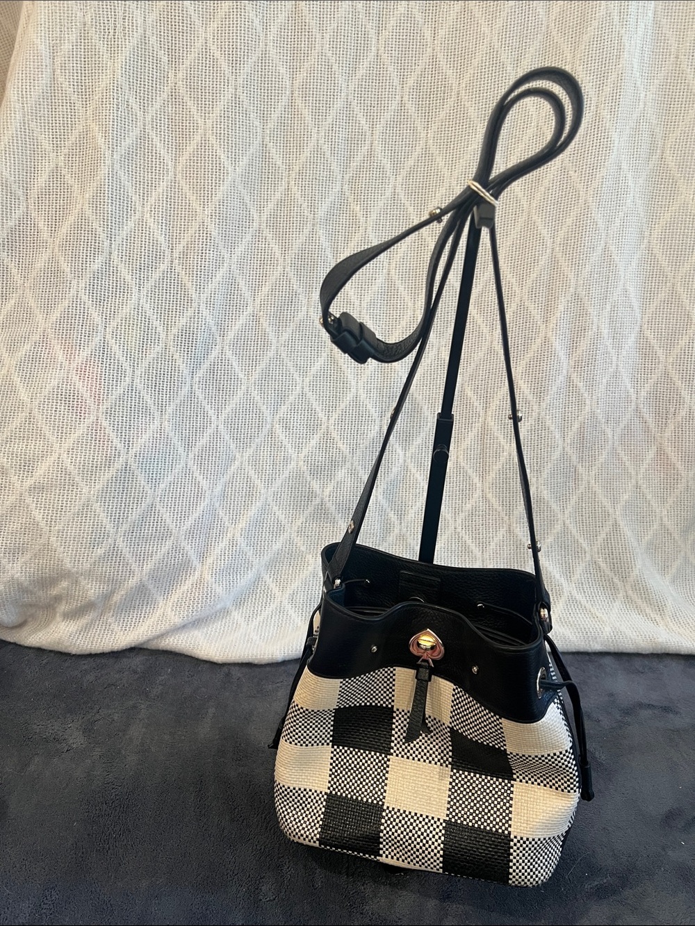 kate spade Black and White Plaid Drawstring Crossbody Bag